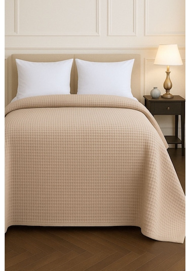 Renkli Gofret Desen Tek Kişilik Yatak Örtüsü Otel Pike 160x230 Cm Bej