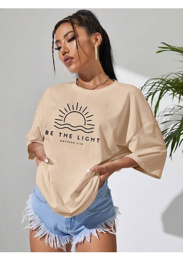 Be The Lıght Kadın Renkli Özel Baskılı Oversize Süprem Bisiklet Yaka T-shirt Bej
