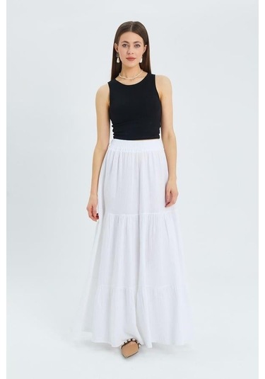 4567 Kadın Fırfırlı Uzun Müslin Etek Beyaz Beyaz