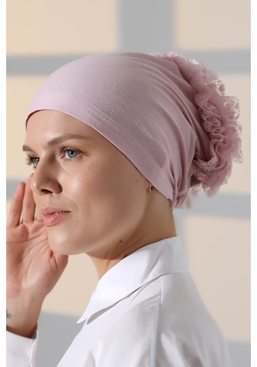Kadın Fırfırlı Güpürlü Tesettür Topuz Bone - Pembe Pembe