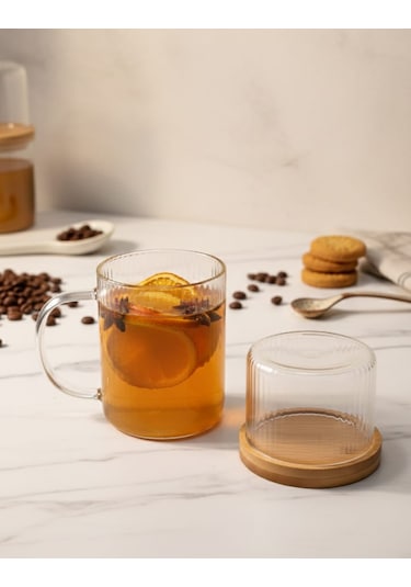 Sunum Fanuslu Bambu Kapaklı Şık Cam Kupa Seti 300ml Cam - Şeffaf