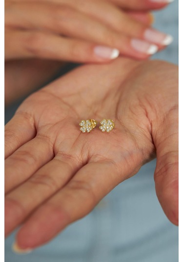 Zirkon Taşlı Gold Yonca Minimal Çivili Gümüş Küpe Gümüş