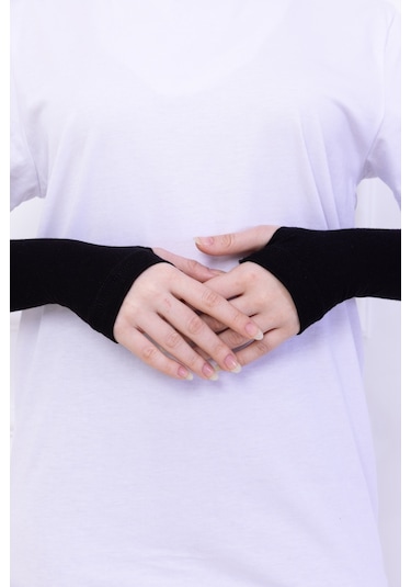 Parmak Geçmeli Likralı Kolluk Siyah - Kadın Tesettür Düz Namaz Kolluğu 1 Çift Viskon Hijab Siyah