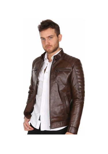 Hakiki Kuzu Derisi Fermuarlı Erkek Hakim Yaka Ceket Omuz İşlemeli Ceket Kahverengi Kahve