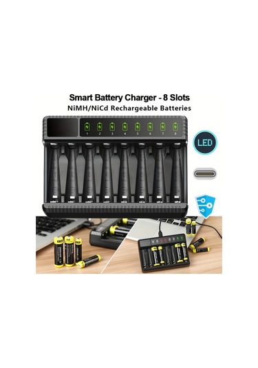 Xuweiwei Lcd Ekranlı 8 Yuvalı Aa Aaa Pil Şarj Cihazı Akıllı Aşırı Şarj Koruması Type C Hızlı Şarj Piller Dahil Değil
