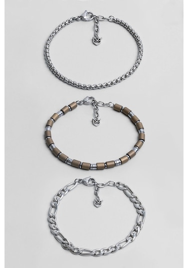 Kahverengi Hematit Taşlı Ayarlanabilir Erkek Çelik Üçlü Bileklik Seti Gri