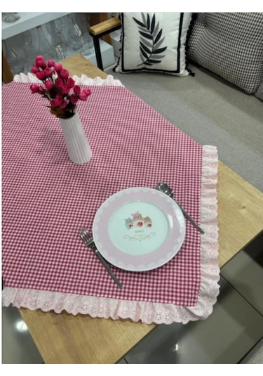 Fisto Fırfırlı Vintage Fiskos Örtüsü Fırfırlı Masa Örtüsü Beyaz - Pembe