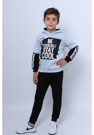 Erkek Çocuk 3 İplik Eşofman Takımı Baskılı Kapşonlu D32 Mavi