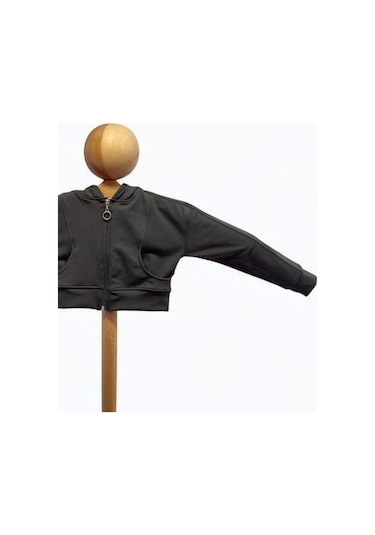 Kız Çocuk Pamuklu Crop Fermuarlı Kapuşonlu Hırka-15454 Füme