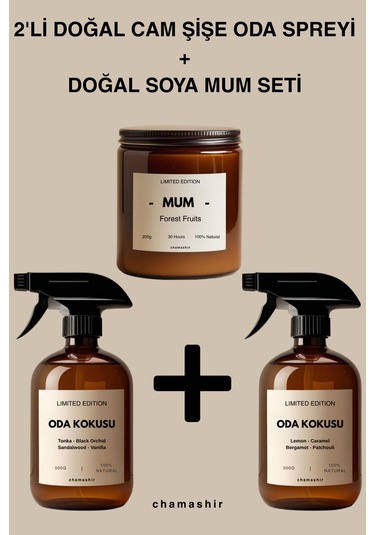 3'lü Doğal Oda Kokusu Spreyi Ve Doğal Soya Mum Seti