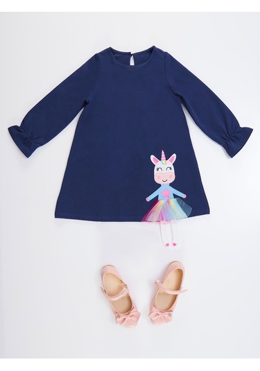 Denokids Lilycorn Lacivert Kız Çocuk Elbise Renkli Lacivert