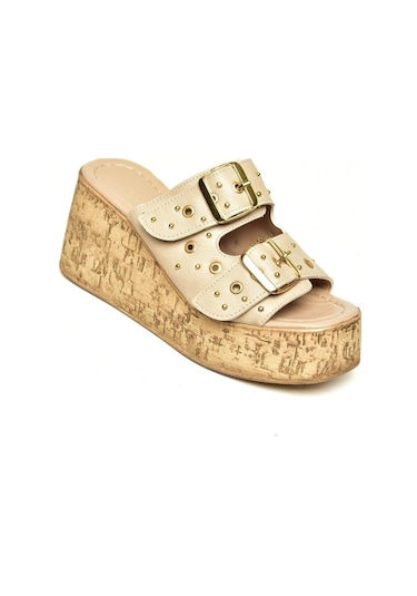 Fox Shoes U996753509 Bej Dolgu Topuklu Kadın Ayakkabı Bej-suni Deri