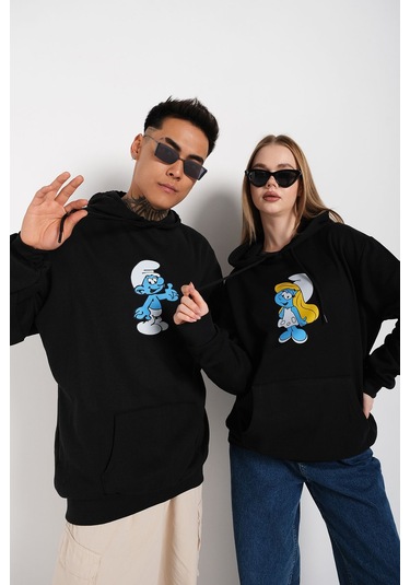 Siyah Unisex Ikili Şirinler Baskılı Oversize Kapşonlu Sweatshirt Hoodie Tw-Tomjerrybaskı Siyah