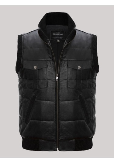 Hakiki Kuzu Derisi Dört Cepli Erkek Yelek Siyah Siyah