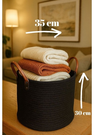 Maisoné Deri Saplı Hasır Görünümlü Jüt Sepet Battaniye Sepeti Oyuncak Sepeti Siyah