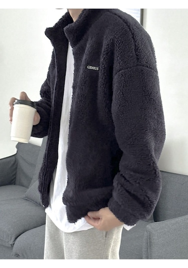 Oversize Tam Fermuarlı Kuzu Sweatshirt İçi Polarlı Sherpa Kumaş Sweatshirt Füme