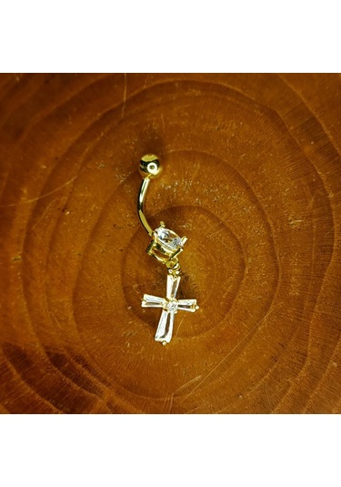 Aya Tasarım Gold Renk Taşlı Haç Figürlü Göbek Piercing