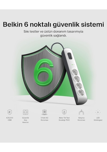 Belkin Surgemaster 4'lü Priz, Yüksek Gerilim Korumalı 2 M Kablo