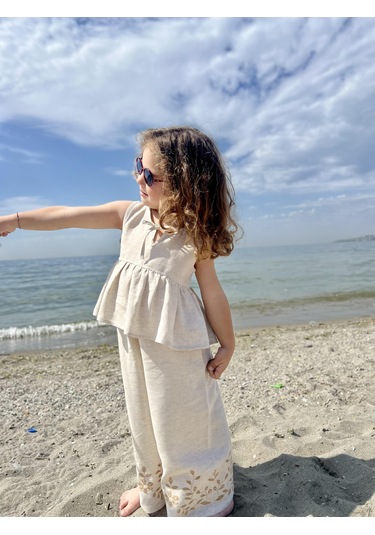 Paçaları Nakışlı Keten Kız Çocuk Takım Natürel Bej