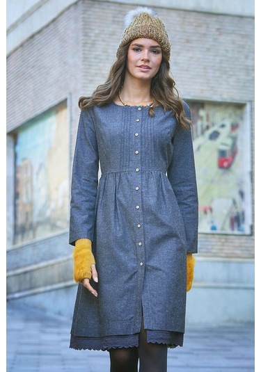 Nervürlü Yaka Dantelli Uzun Kollu Gri Elbise Desenli