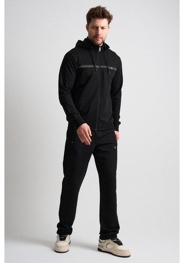 Shooter Sportswear Klasik Antrasit Erkek Eşofman Takımı Çıkartılabilir Kapüşonlu Rahat Kalıp Siyah