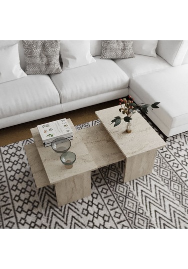 Olive 3'lü Orta Zigon Sehpa Takımı Traverten Desenli Traverten