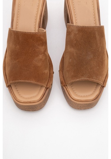 Pull Taba Süet Hakiki Deri Kadın Platform Topuklu Terlik Taba