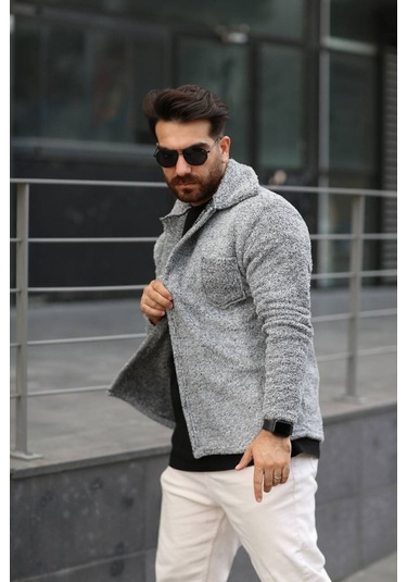 Sr Tekstil Pelüş Ceket Unisex Normal Kalıp Cep Detaylı Gri