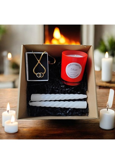 Denic Hediye Seti Kokulu Kırmızı Bardak Mum Yaşam Agacı Kolye Beyaz Burgulu Mum