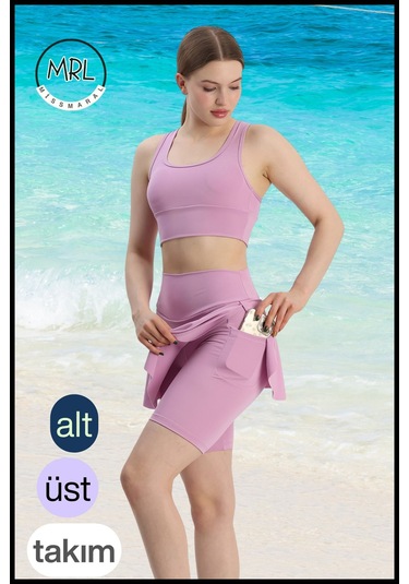 Kadın Takım Alt - Üst Biker Şort Diz Üstü &crop Bra Ped Destekli Denizde Havuzda Sporda Llia Lila
