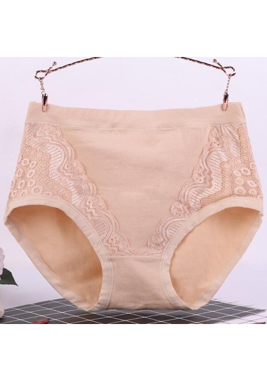 Bej 1pc İç Pamuk Dantel Artı Boyutu Külot Lingeries Yüksek Bel Orta Yaşlı Kadın Külot Bej