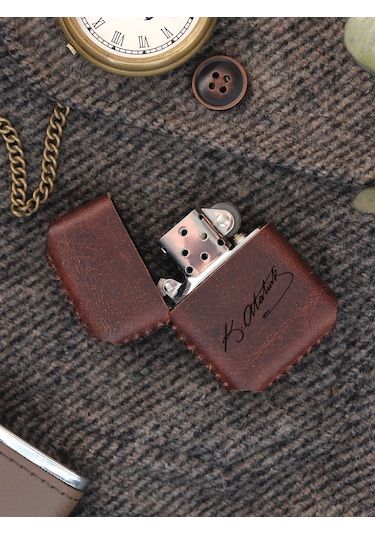 Vagave Kahve Renk Hakiki Deri Kılıflı Zippo Benzinli Çakmak