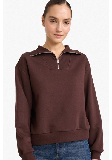 Defacto Regular Fit Yarım Fermuarlı Balıkçı Yaka Basic Düz Sweatshirt G4761ax25wnbn267 Kahve-bn267