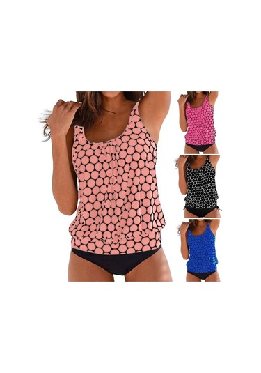 2 Adet/set Kadın Tankini Set U Yaka Kolsuz Puantiyeli Üstler Yan Büzgülü Yüzme Şortu Seti Hızlı Kuruyan Mayo Siyah