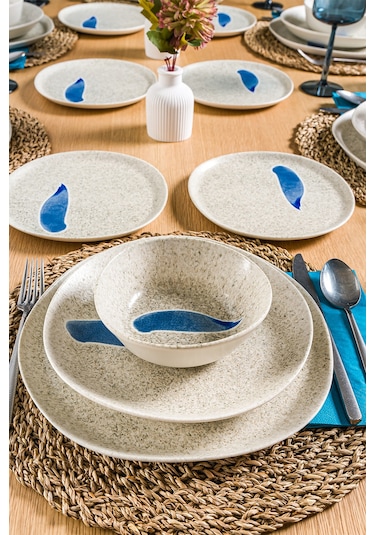Blue Leaf Geo 24 Parça 6 Kişilik Porselen Yemek Seti