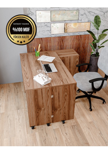 Rafineri Flor Çalışma Masası Dolaplı Açılır Katlanır Masa Mdf Ceviz