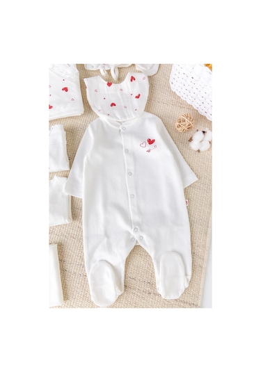 Kalp Desenli Müslin 100% Pamuk 10'lu Kız Bebek Hastane Çıkışı Bebek Takımı Set
