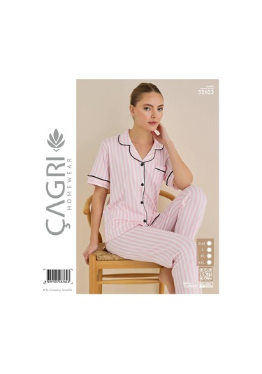 Çağrı Kadın %100 Pamuk Viskon Kısa Kollu Önü Düğmeli Pijama Takımı Pembe