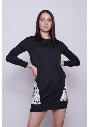 Kadın Sıfır Yaka Cep Detaylı Uzun Kol Sweat Elbise -Siyah