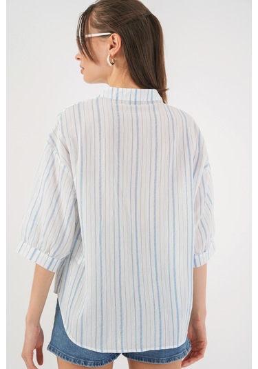 Bigdart Kadın Çizgili Oversize Bluz 967 - A.Mavi