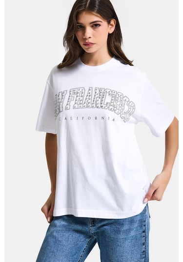 Itsbasic Kadın Beyaz S6-2 Oversize Özel Parlak Taşlı Sloganlı Bol Kesim T-shirt