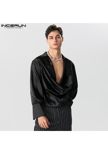 Incerun Salıncak Yaka Erkek Hollow Out Uzun Kollu Saten Üstler Bej