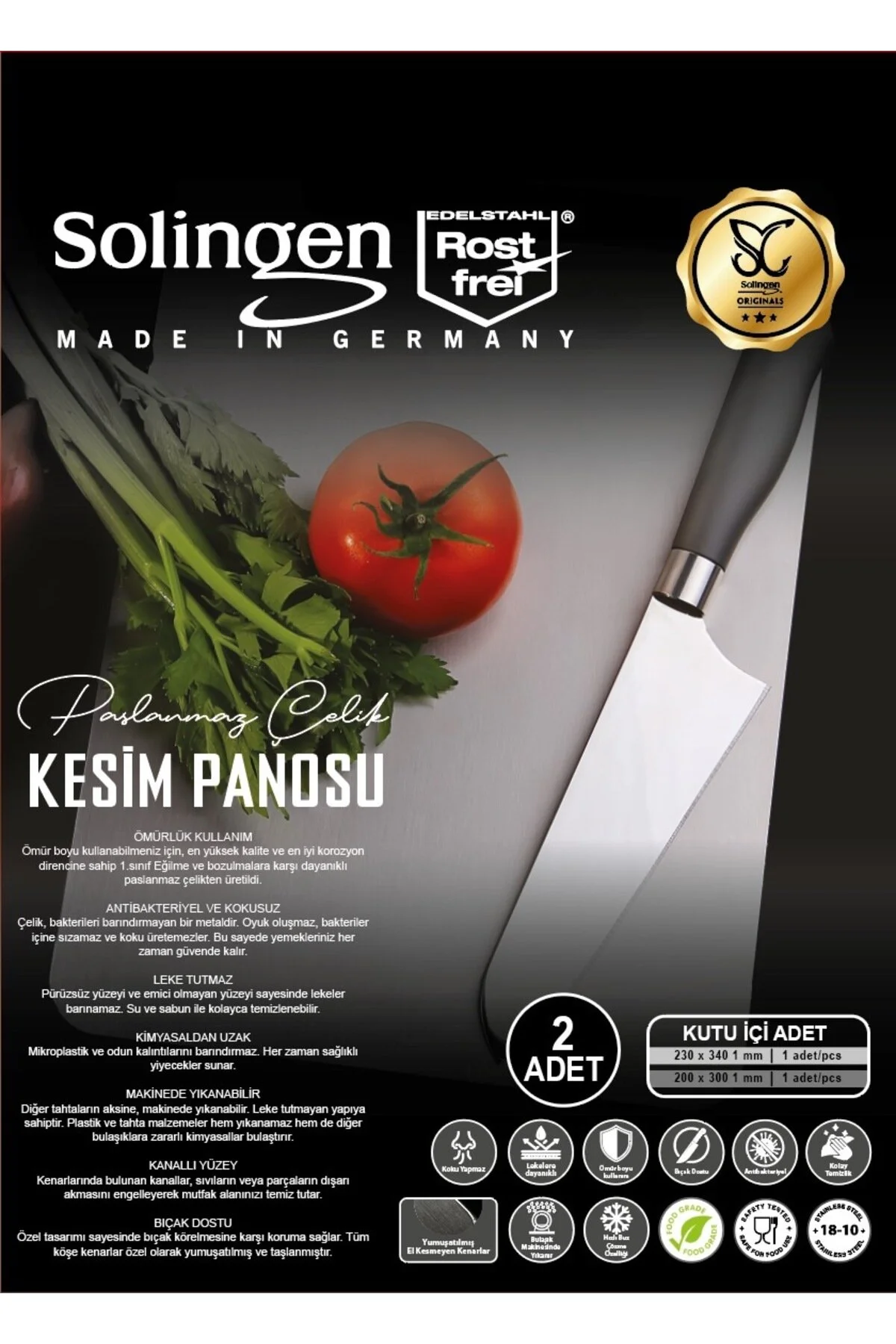 Paslanmaz Çelik Kesme Tahtası 2 Adet - Gri - Solingen Gri