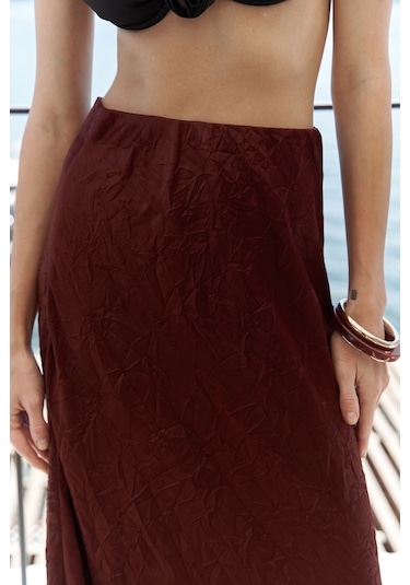 Eubah Kırışık Uzun Bordo Saten Etek Bordo