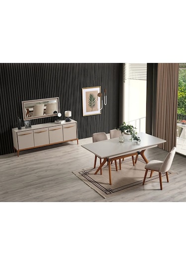 Elra Yemek Odası Takımı Yemek Masası + 4 Adet Sandalye Beyaz