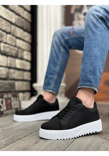 Pabucmarketi Bağcıklı Triko Erkek Ayakkabı Siyah Beyaz Taban Çok Renkli