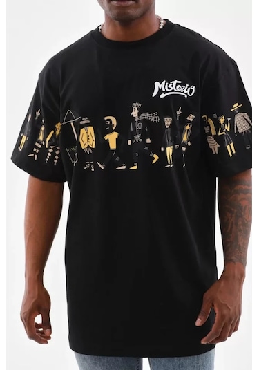 Unisex Bisiklet Yaka Baskılı Oversize T-shirt - Siyah Çok Renkli