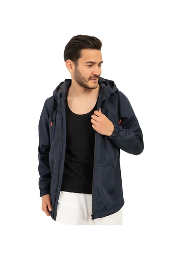 Riverstorm Erkek Lacivert İçi Astarlı Kanguru Cepli Su Ve Rüzgar Geçirmez Kapüşonlu Cepli Yağmurluk Lacivert