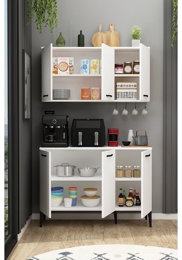 İva Kahve Köşesi Fırınlı Airfry Dolabı Takımı Askılı Çok Amaçlı Erzak Dolabı Beyaz Beyaz