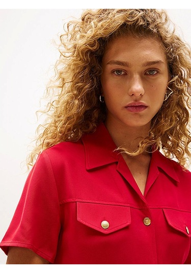 Tommy Hilfiger Kadın Viskon Twill Kısa Kollu Kloş Mini Kırmızı Elbise Ww0ww45819xld Kırmızı